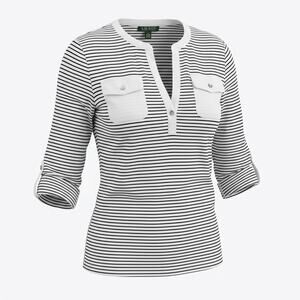 Lauren Ralph Lauren Striped Top Womens Large White Black Roll Tab Sleeve Pocket